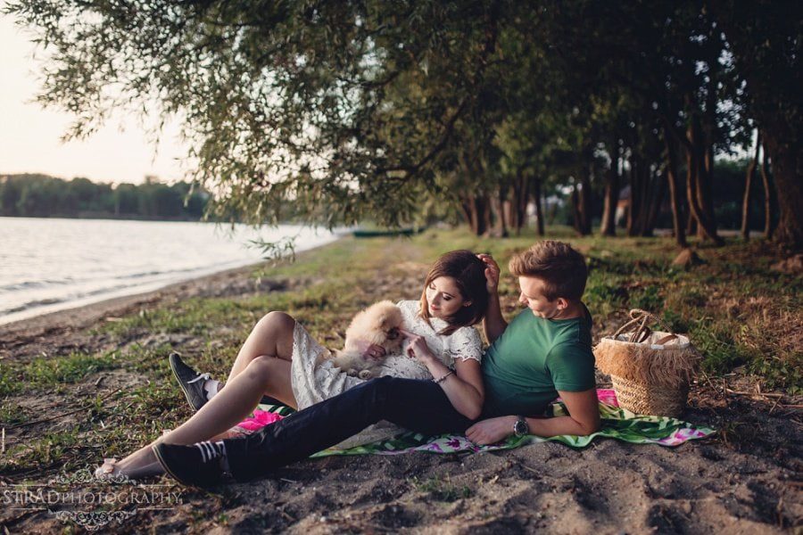 boat, couple, cute dog, dog, egagement, fields, glasgow, glasgow engagement photography, lake, man and woman, photo shoot, posing ideas, pre-wedding photography, save the date, scotland, sunset, wedding anniversary