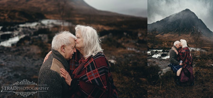 beautiful scenery, deers, elderly couple, engagement photography, glasgow photographer, glen etive, Glencoe, grandma, grandpa, hiking, kilt, landscapes, man and woman, marr, marriage, old couple, old married couple, older couple photo shoot in Glencoe Scotland, outlander, poncho, posing ideas, scotland, scottish couple, scottish highlands, senior couple, tartan