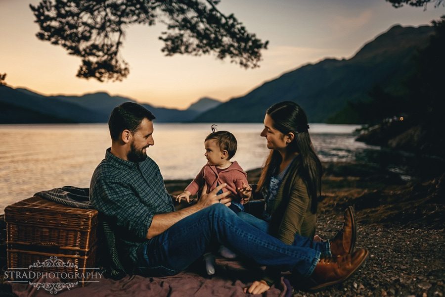 family photo at loch lomond during sunset