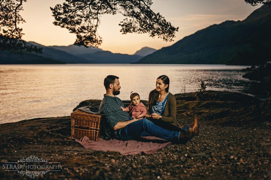 family photo at loch lomond during sunset