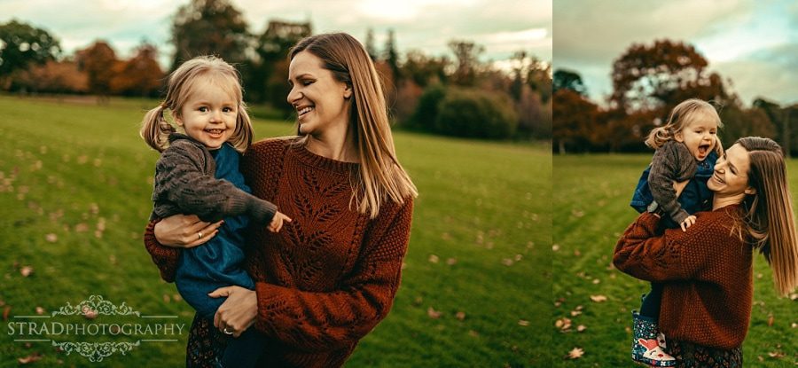 Mother and small daughter portrait in autumn