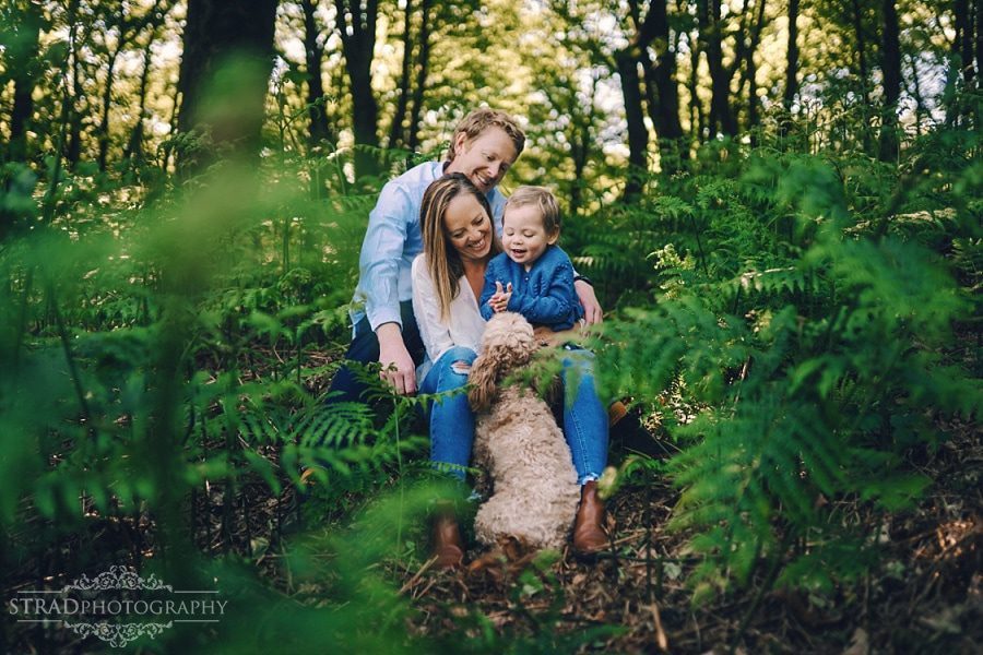 Family is sitting in the wood having fun with their dog