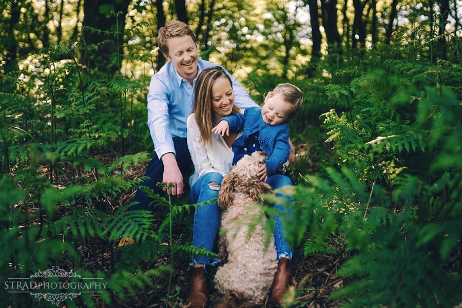 Family is sitting in the wood having fun with their dog