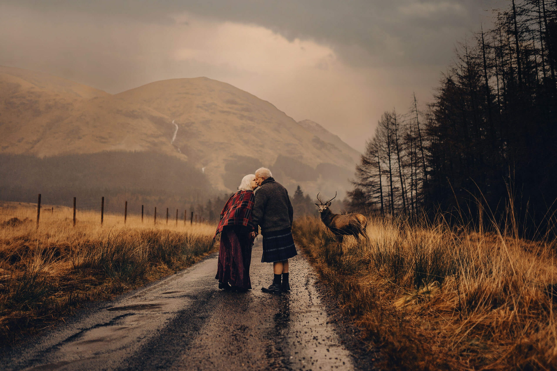 Older couple in Scottish attire kissing in the middle of the road while deer is watching them in Glencoe