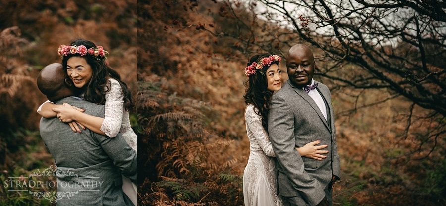 Two photos of the bride and groom holding each other close