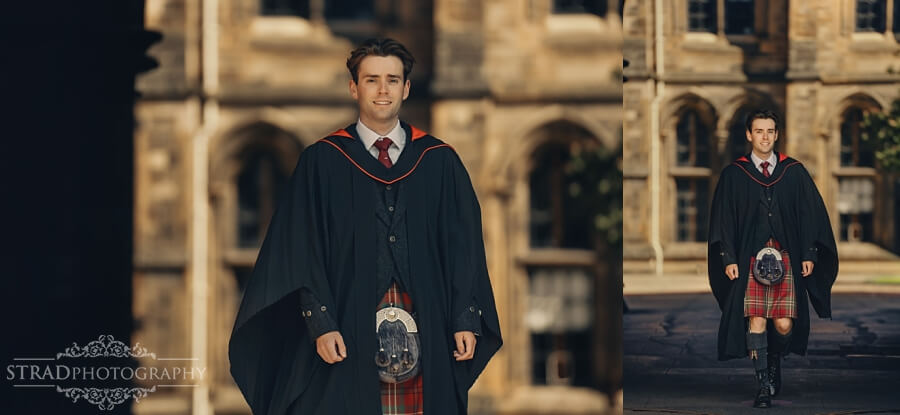 Graduate in traditional Scottish attire.