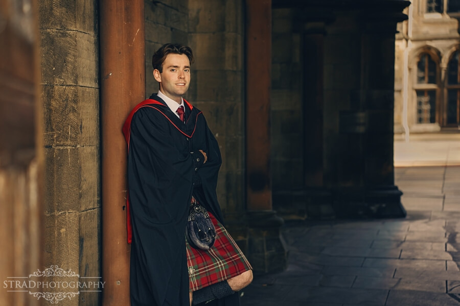 Graduate in traditional Scottish attire.