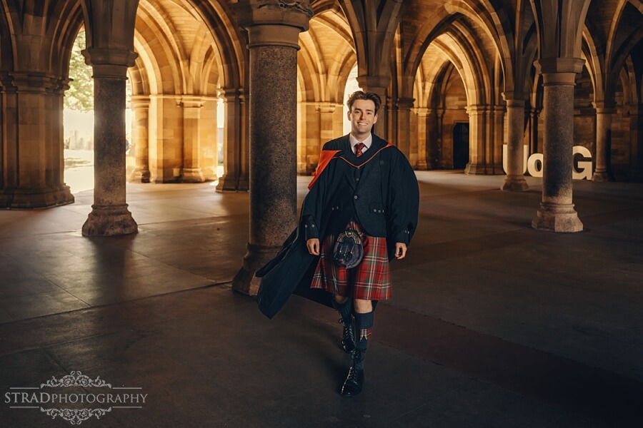 Graduate in traditional Scottish attire.