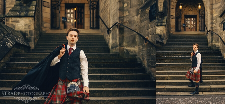 Boy in kilt at university steps.
