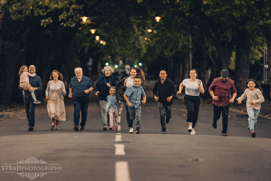 Family running together on Kevin Way.