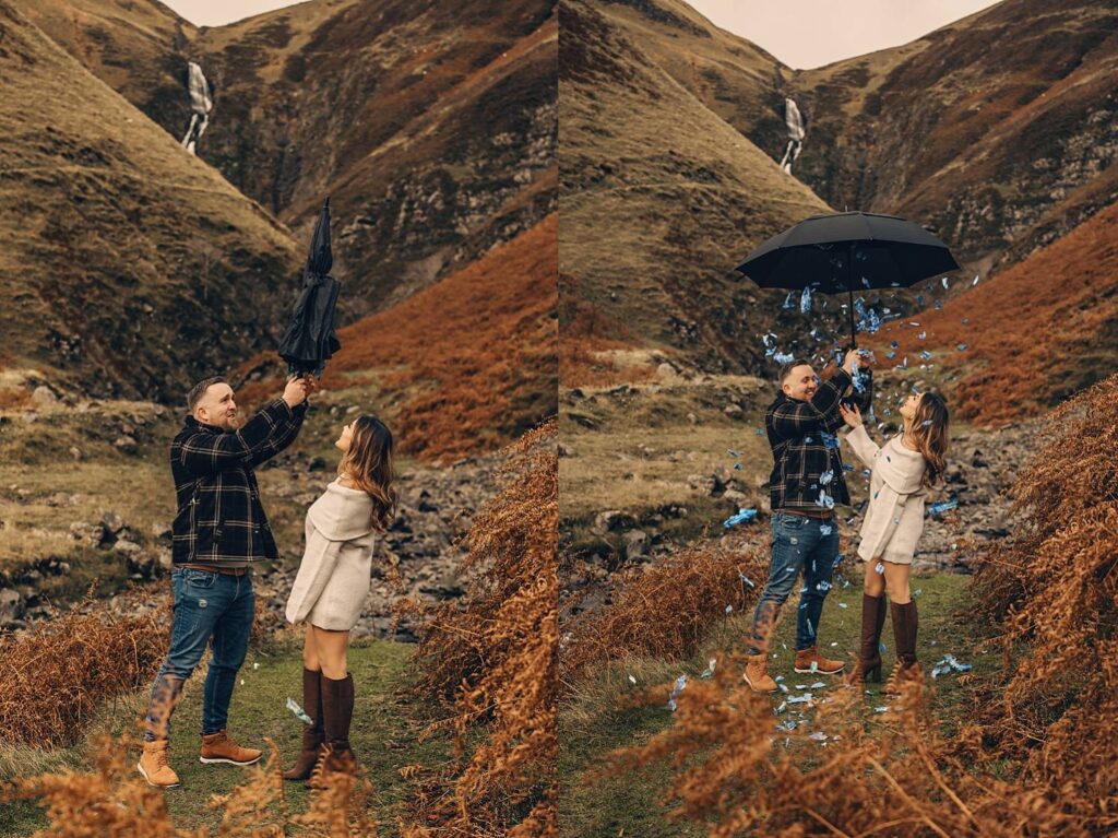 Grey Mare’s Tail gender reveal photoshoot with blue umbrella petals