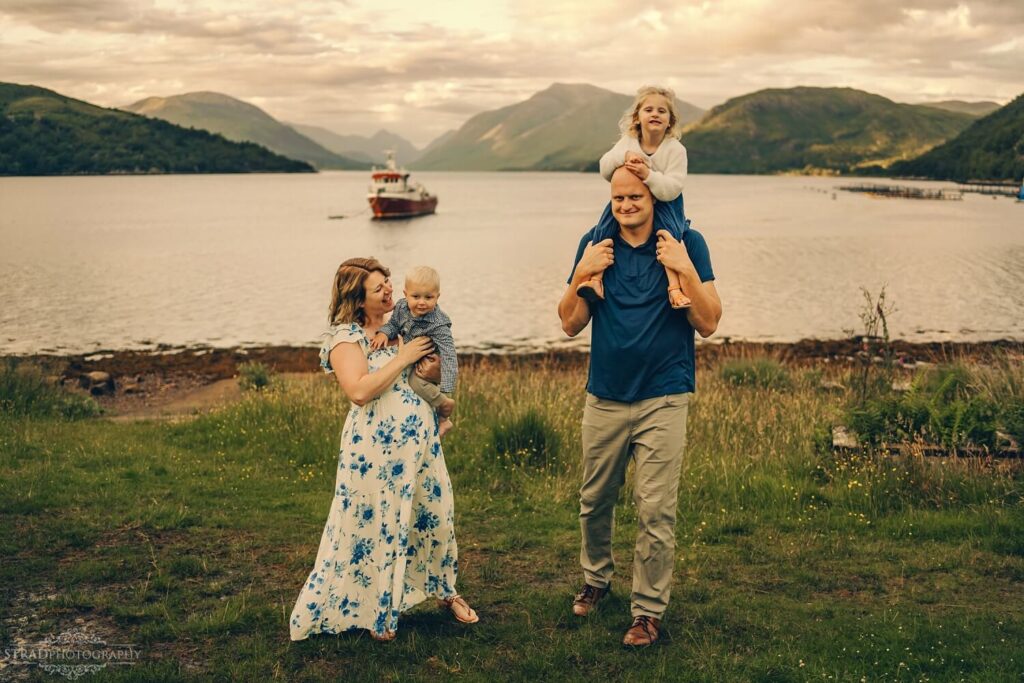 Natural candid family photo taken near Loch Etive in the Highlands