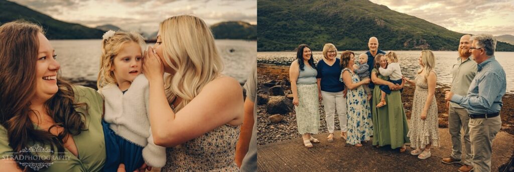 Extended family playing a telephone game at the shore of Loch Etive
